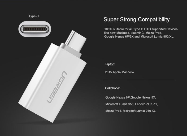 UGREEN US173 Converter Type-C Male to USB 3.0 Female OTG Adapter-White UGREEN US173 Converter Type-C Male to USB 3.0 Female OTG Adapter-White